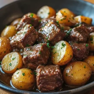 slow cooker garlic butter beef bites and potatoes : Tender beef bites with baby potatoes in garlic butter sauce, served in a bowl