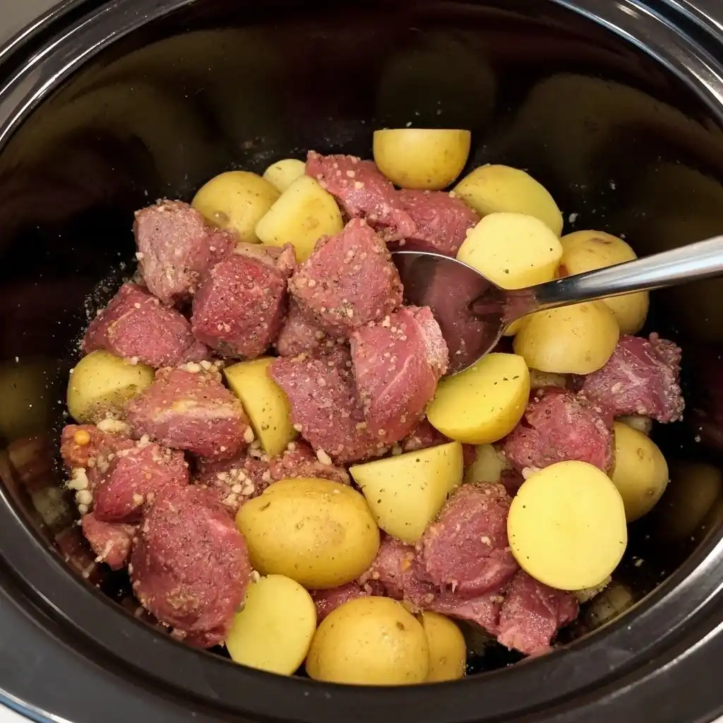 Raw beef cubes and halved potatoes seasoned in a slow cooker before cooking