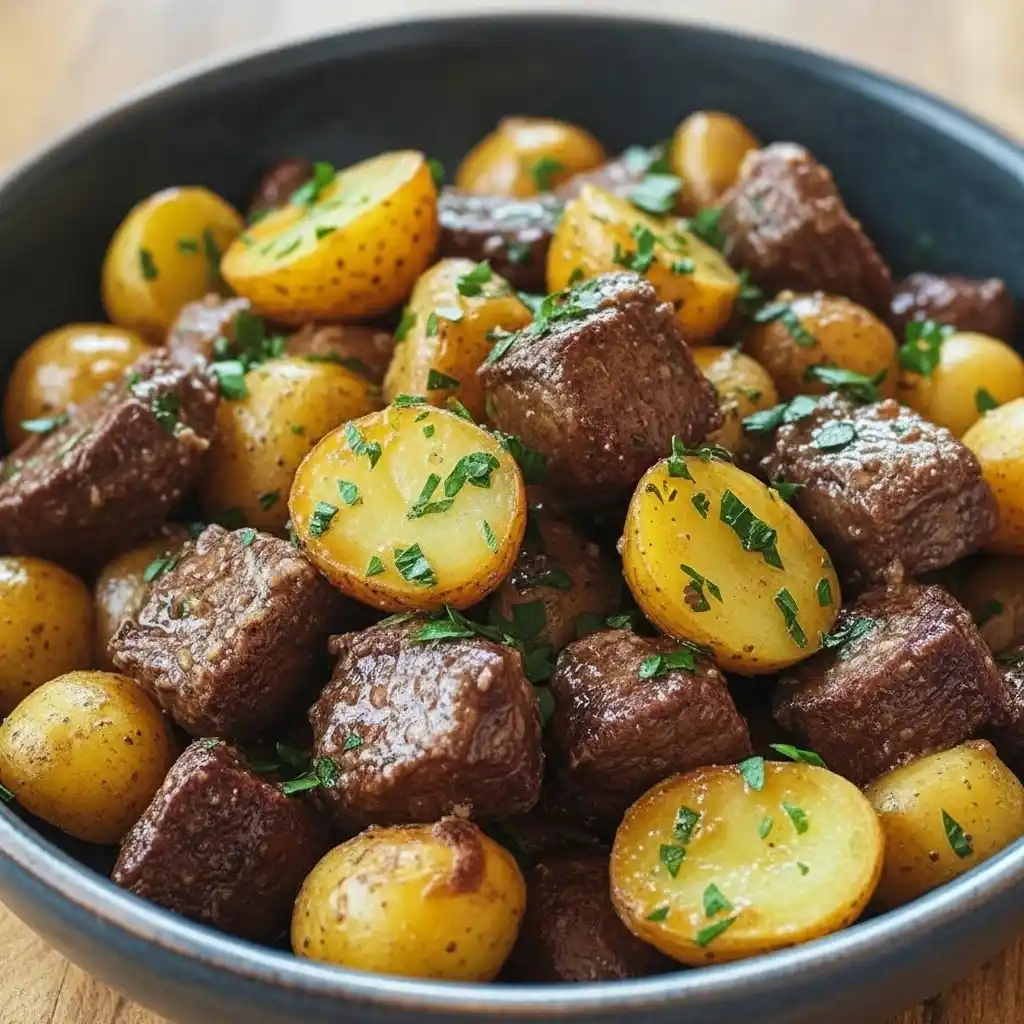 Cooked beef bites with garlic butter potatoes served in a rustic bowl