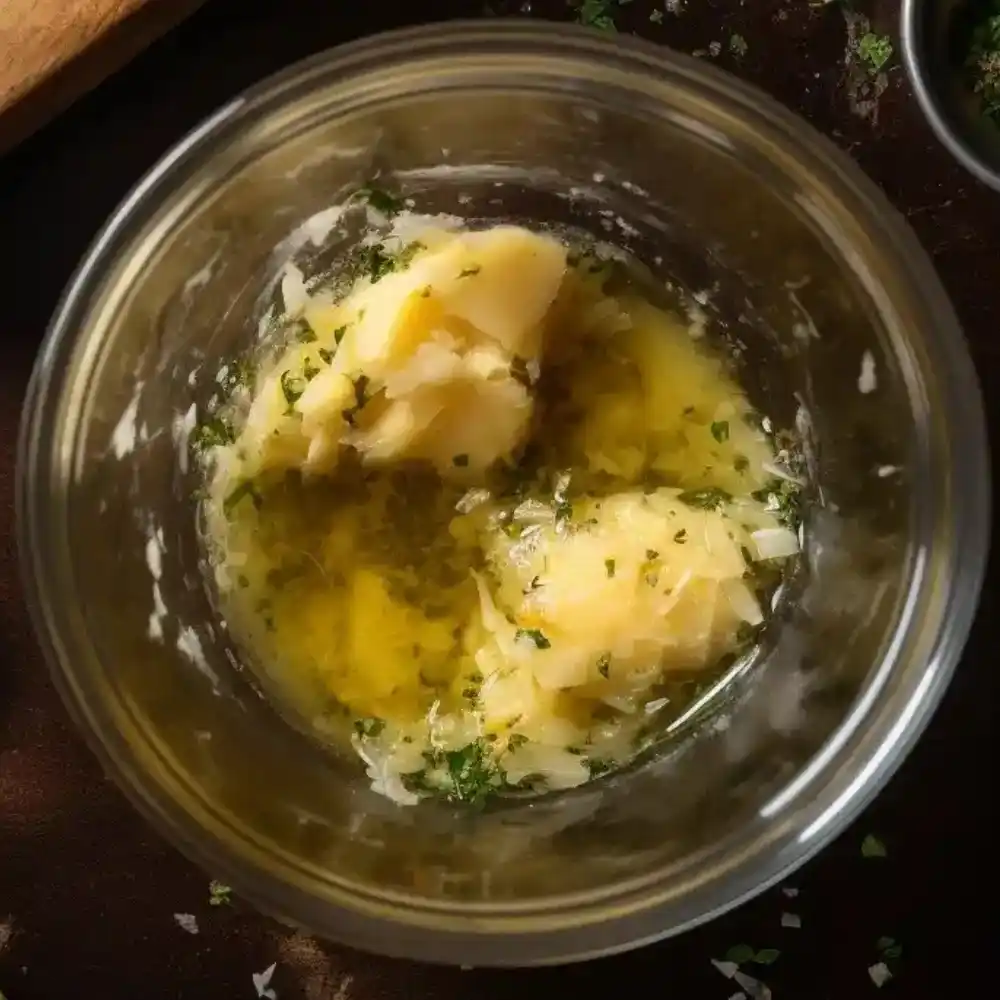 Garlic butter mixture with herbs in a glass bowl for slow cooker beef bites and potatoes