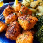 Crispy air fryer salmon bites on a plate with broccoli and potatoes
