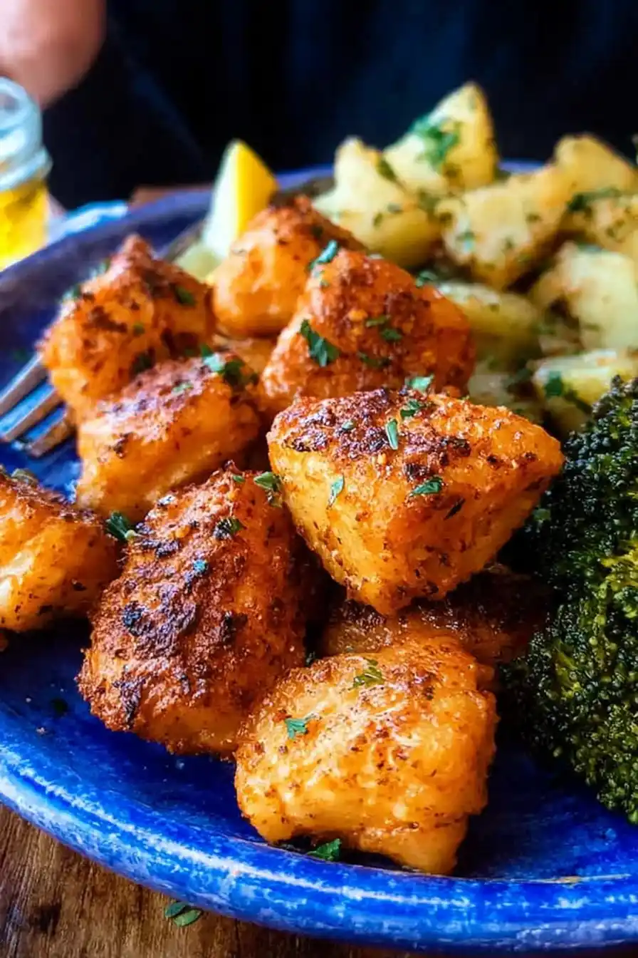 Crispy air fryer salmon bites on a plate with broccoli and potatoes