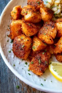 Salmon bites served with lemon on a white plate