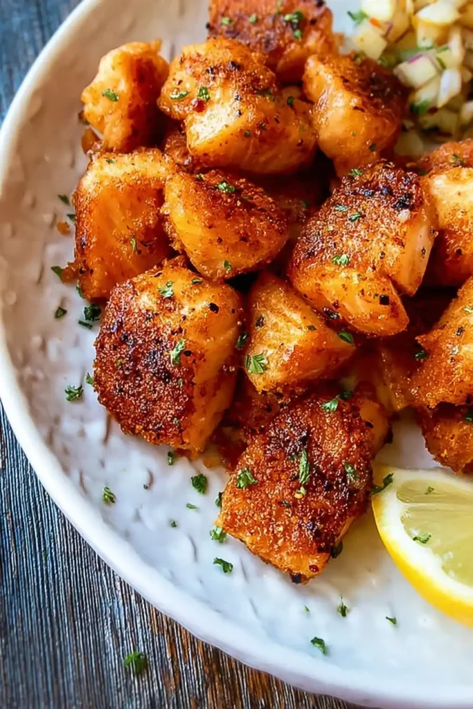 Salmon bites served with lemon on a white plate