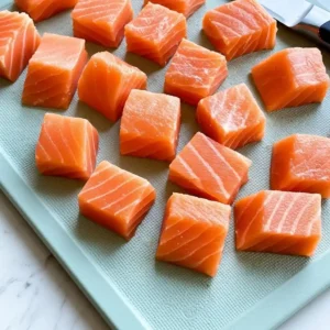 Raw salmon cubes cut into even pieces on a cutting board