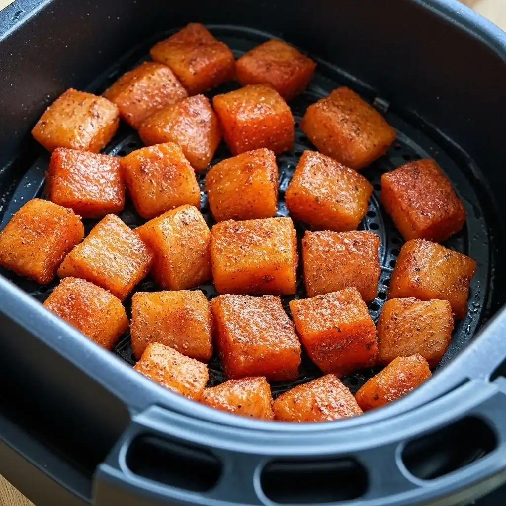 Salmon cubes cooking in an air fryer basket