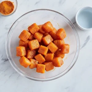 Salmon cubes cooking in an air fryer basket