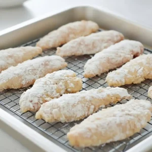 Breaded chicken tenders resting on wire rack before frying