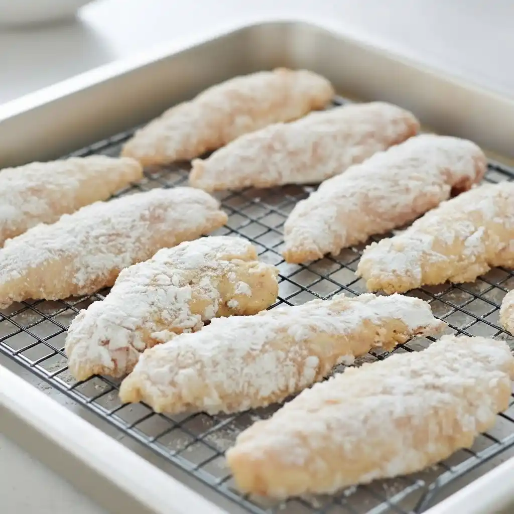 Breaded chicken tenders resting on wire rack before frying