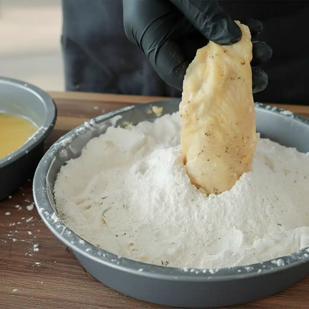 Raw chicken tender being dredged in seasoned flour