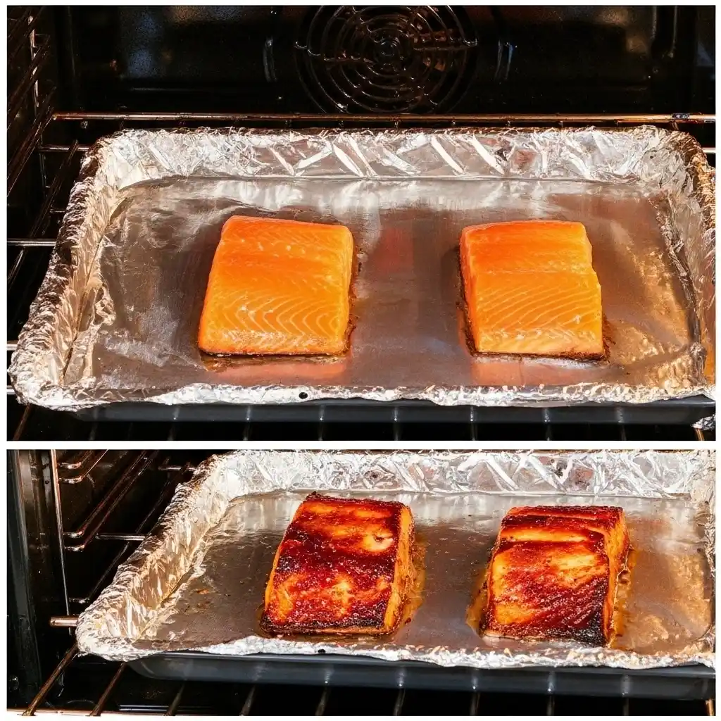 salmon fillets cooking in oven miso glaze