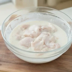 Chicken tenders marinating in buttermilk brine with spices