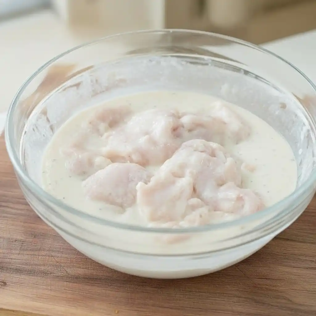 Chicken tenders marinating in buttermilk brine with spices