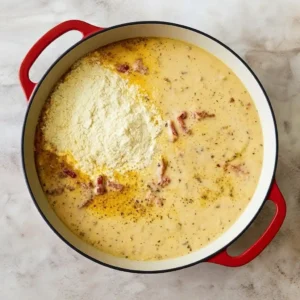 Parmesan cheese being added to a creamy sauce with sundried tomatoes in a red skillet for marry me chicken meatballs.