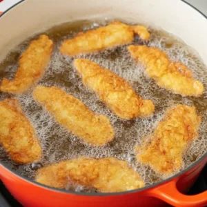 Chicken tenders frying in hot oil for crispy coating