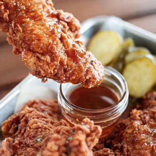 Hot honey chicken tender with dipping sauce and pickles