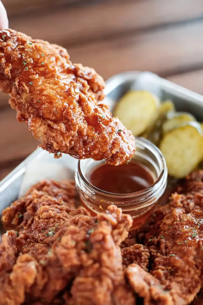 Hot honey chicken tender with dipping sauce and pickles