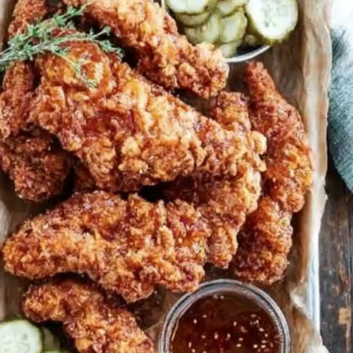 Crispy hot honey chicken tenders served with pickles and dipping sauce