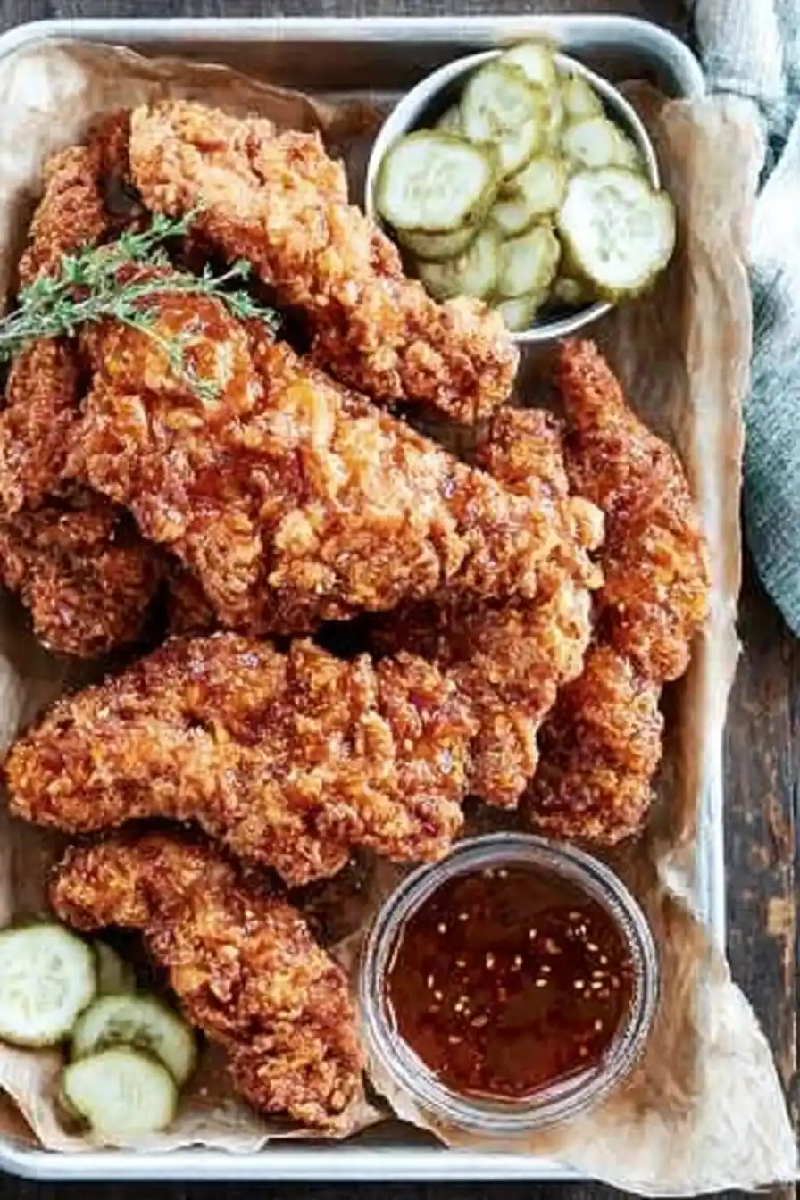 Crispy hot honey chicken tenders served with pickles and dipping sauce