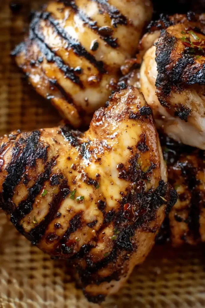 Juicy hot honey chicken thighs on the grill