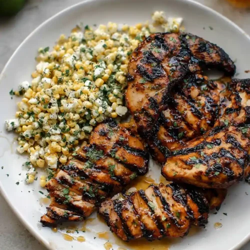 Grilled hot honey chicken thighs on plate with corn