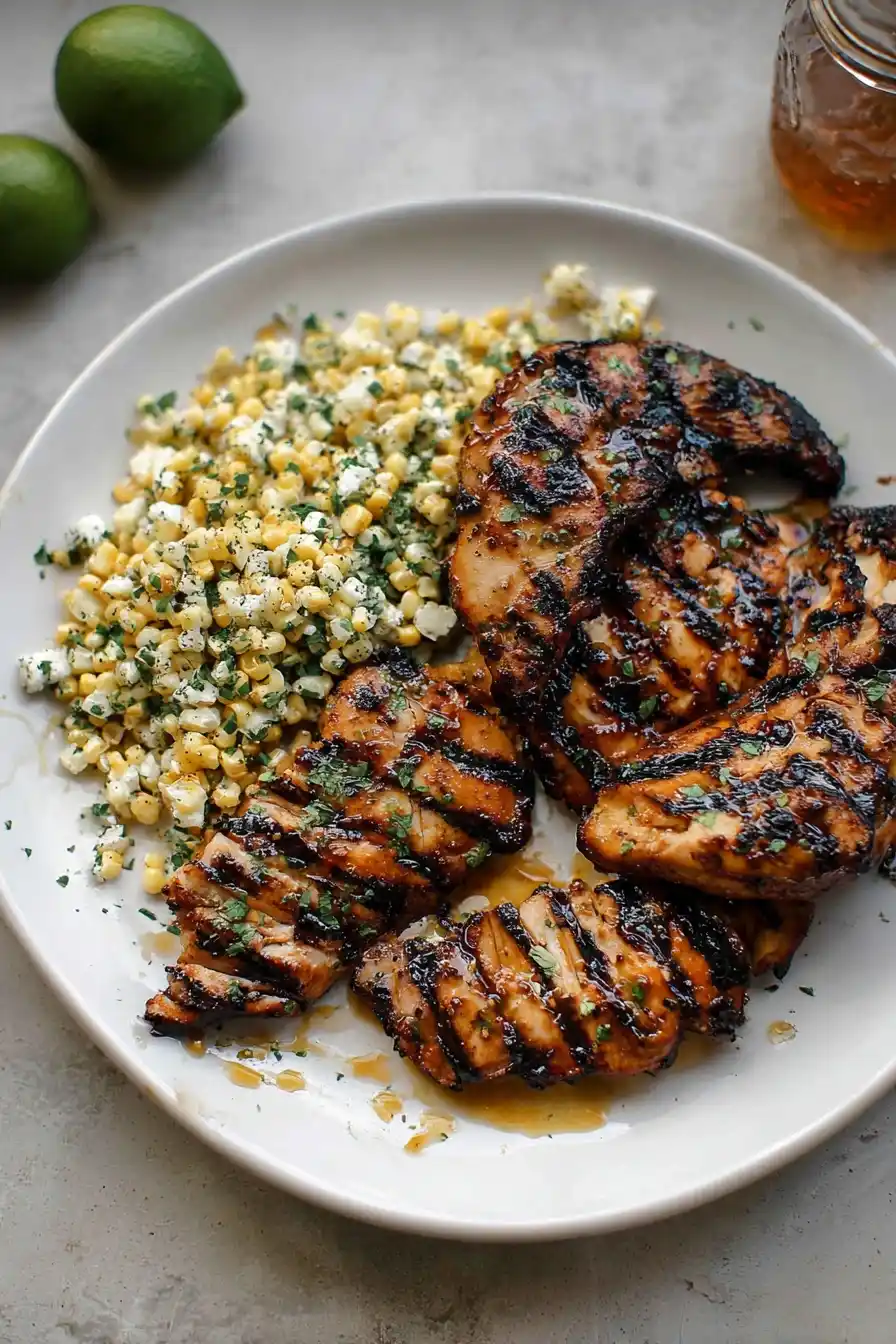 Grilled hot honey chicken thighs on plate with corn