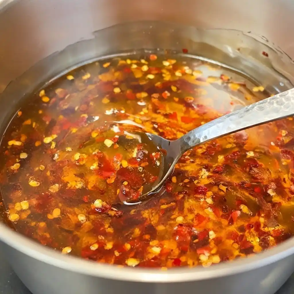 Homemade hot honey sauce with chili flakes in pot