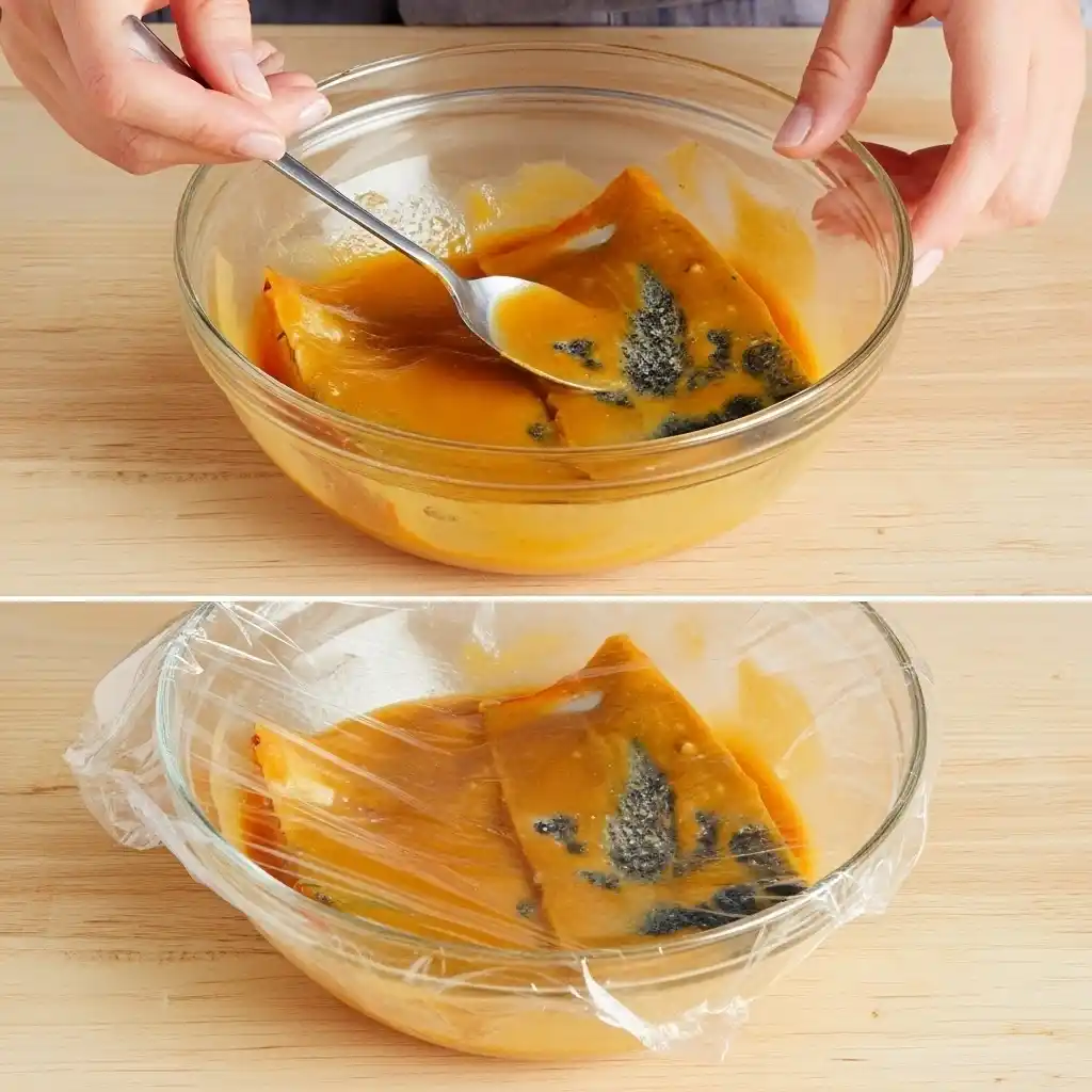 miso salmon covered with plastic wrap for marination