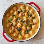 Finished marry me chicken meatballs in creamy sauce garnished with basil.