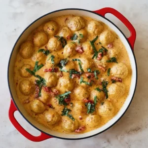 Finished marry me chicken meatballs in creamy sauce garnished with basil.