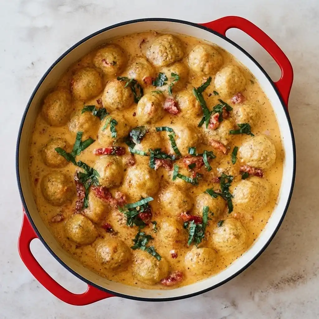 Finished marry me chicken meatballs in creamy sauce garnished with basil.
