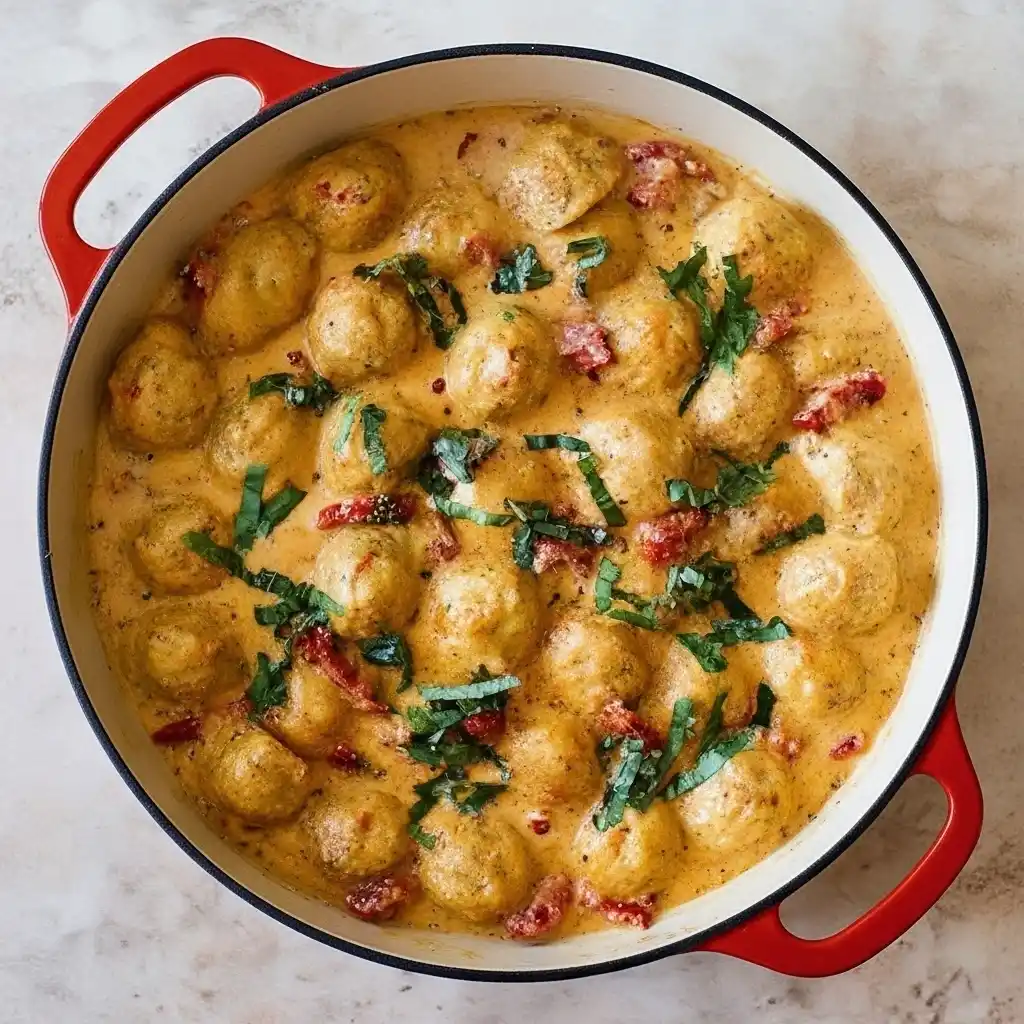 Creamy marry me chicken meatballs in parmesan sun-dried tomato sauce, cooked in one pan and topped with fresh basil.