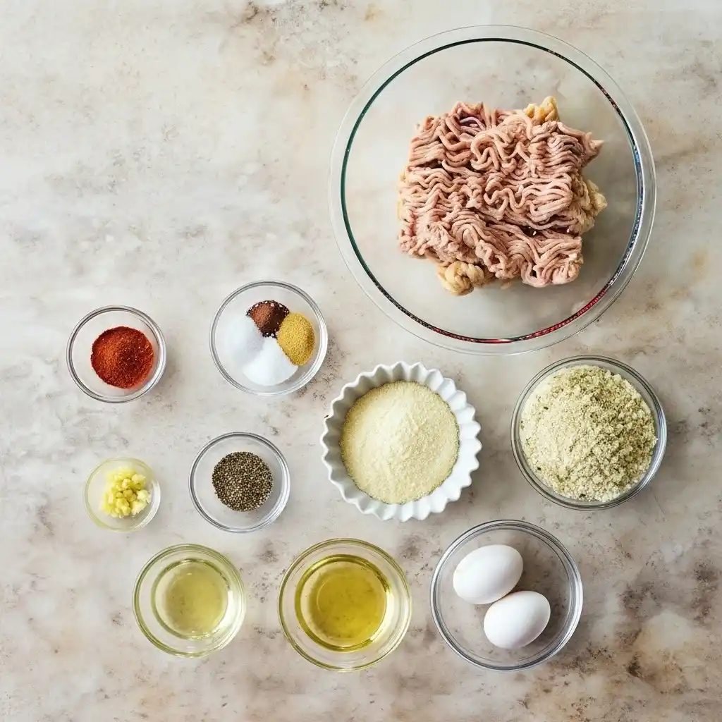 Flat lay of ground chicken, eggs, breadcrumbs, Parmesan, garlic, and spices for chicken meatballs.
