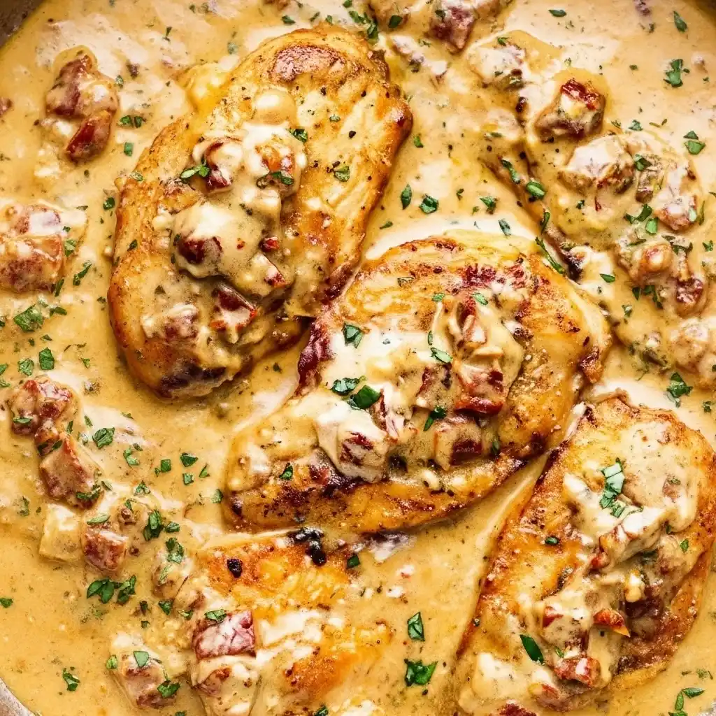 Close-up of Marry Me Chicken with golden seared breasts in creamy parmesan sun-dried tomato sauce.