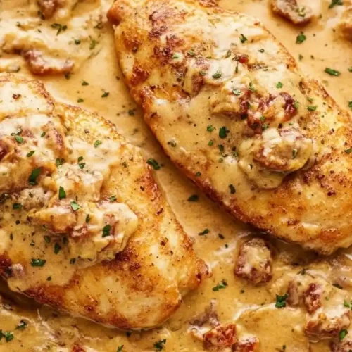 Golden chicken breasts in creamy garlic parmesan sun-dried tomato sauce in a skillet.