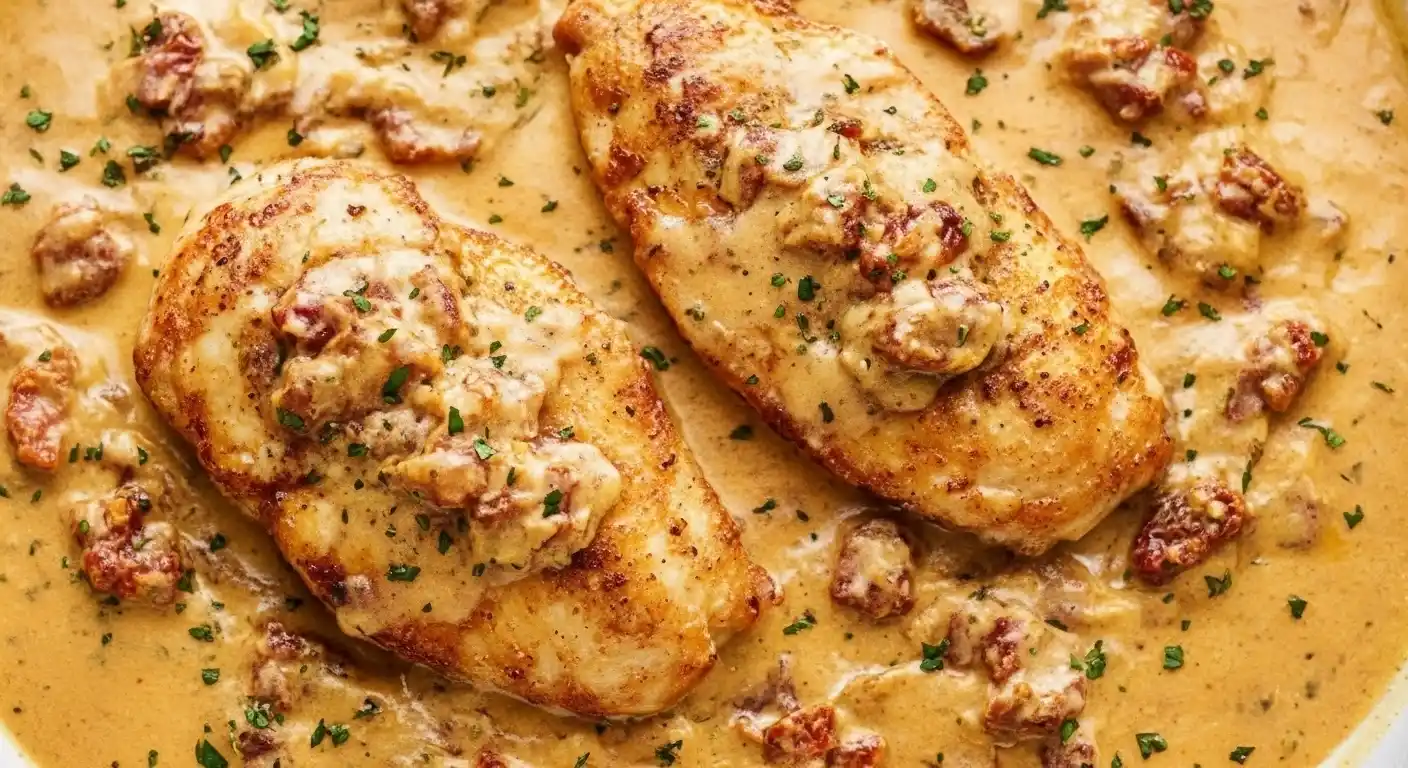 Golden chicken breasts in creamy garlic parmesan sun-dried tomato sauce in a skillet.