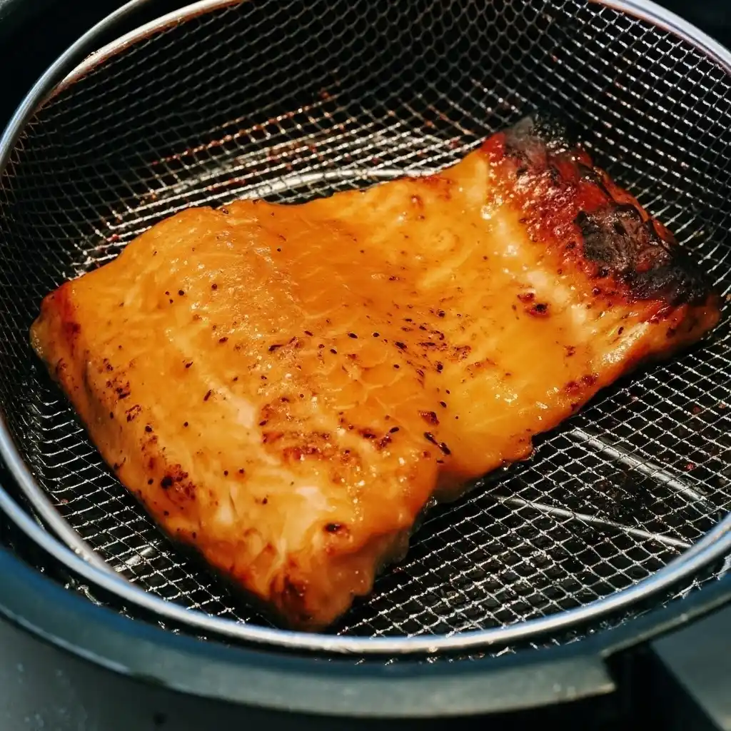 Salmon fillet inside air fryer basket with miso glaze