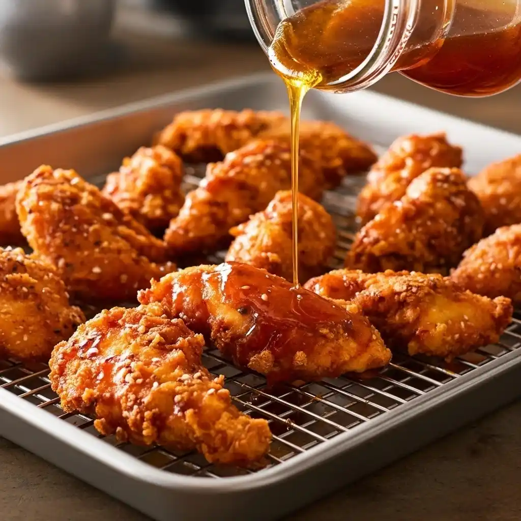 Hot honey being poured over crispy chicken tenders