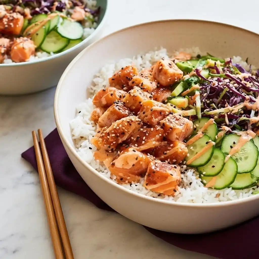 assembling salmon rice bowl with rice base, salmon, slaw, and vegetables