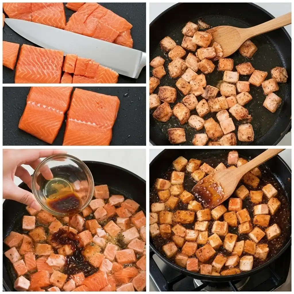 cooking salmon cubes in skillet for salmon rice bowl with soy glaze