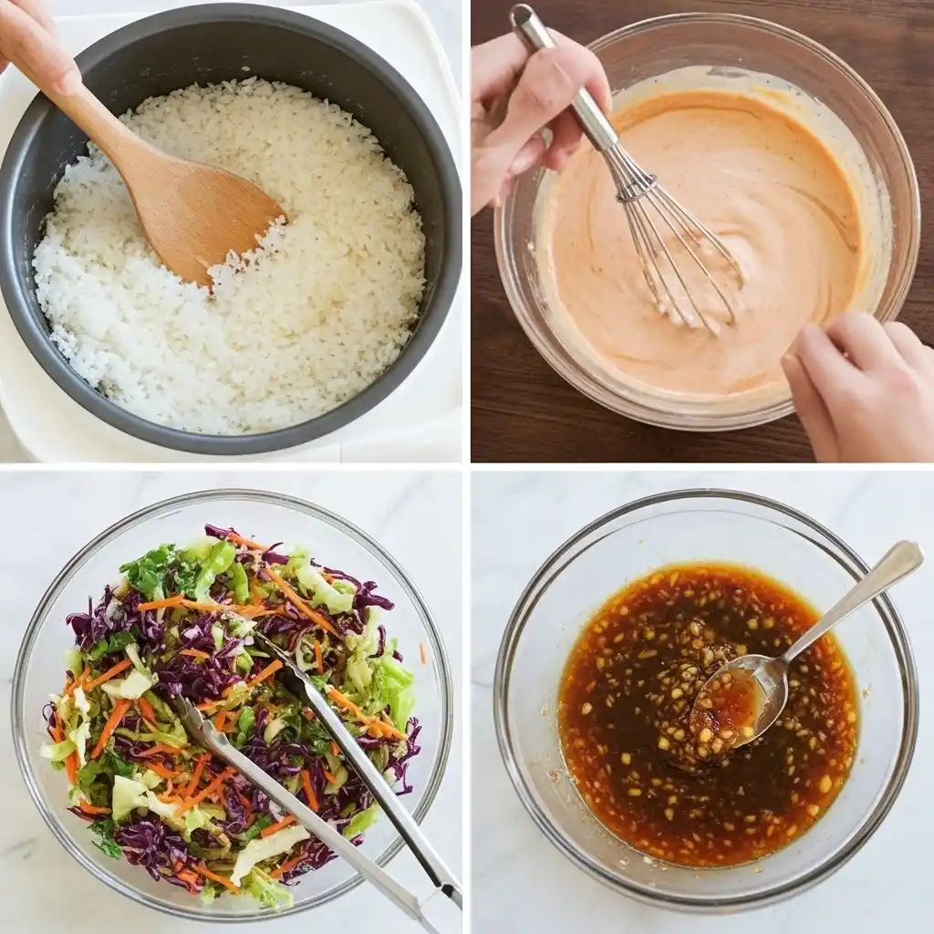 making slaw and spicy mayo for salmon rice bowl recipe