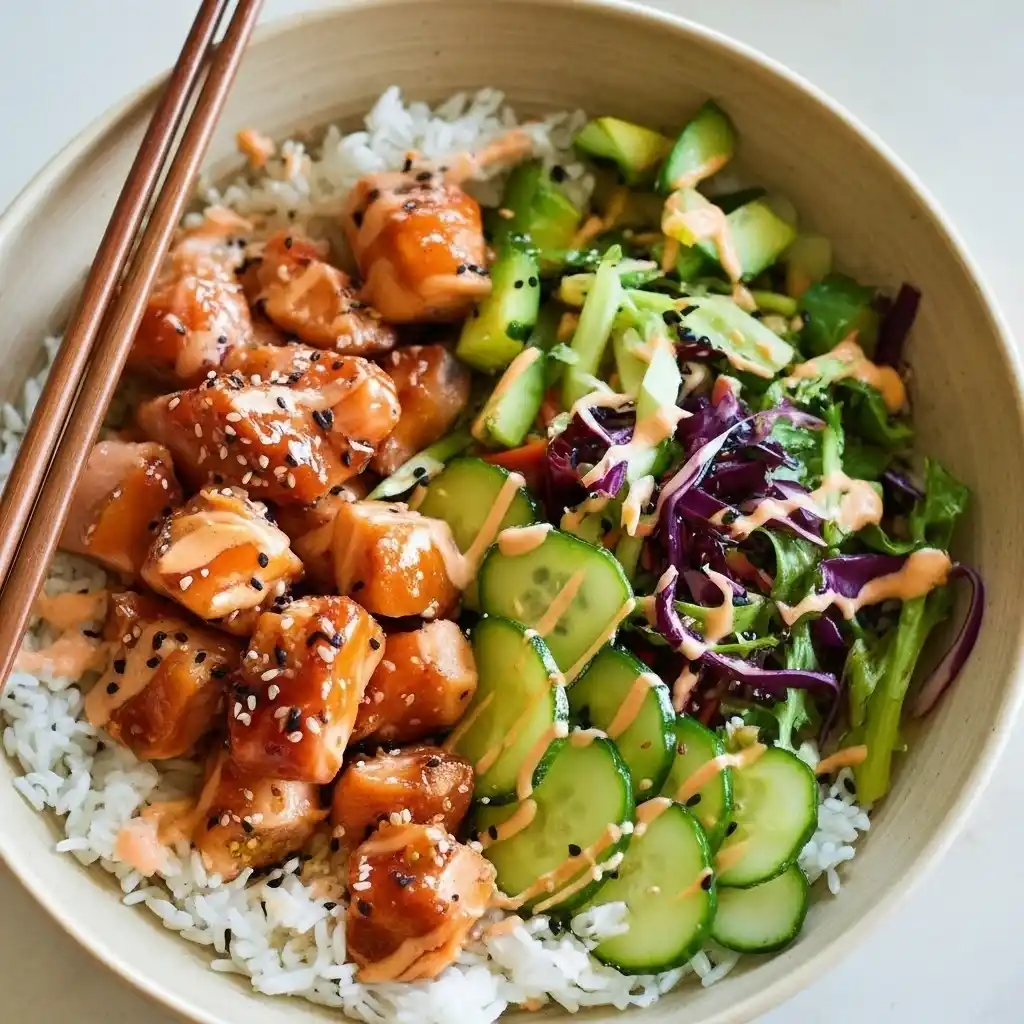 serving salmon rice bowl with spicy mayo drizzle and sesame seeds