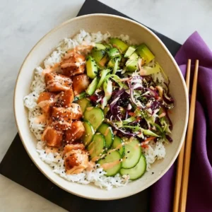close-up of salmon rice bowl with salmon bites, cucumber, slaw, and avocado