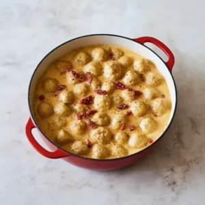 Chicken meatballs simmering in creamy sun-dried tomato sauce in a red skillet.
