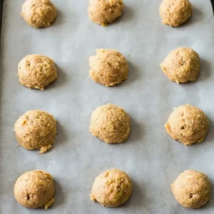Uncooked marry me chicken meatballs shaped on a baking tray lined with parchment paper.