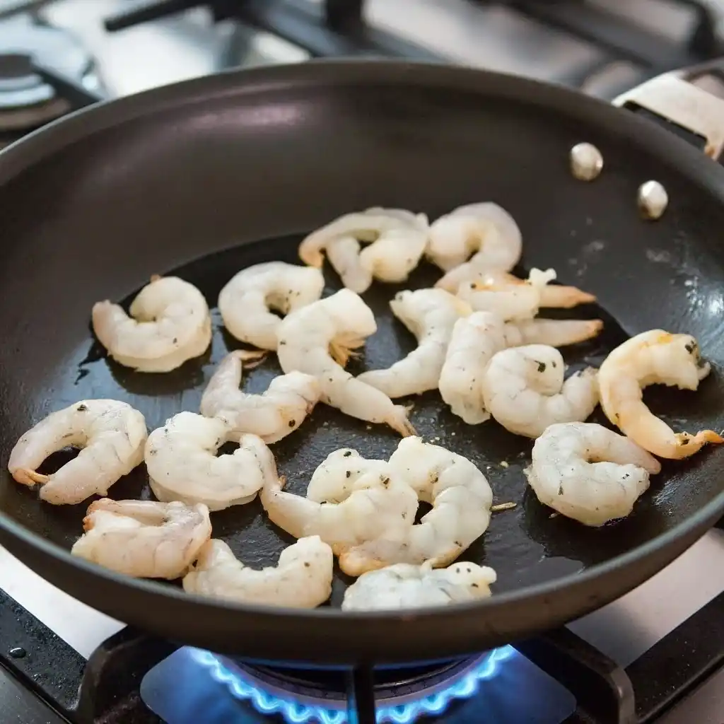 Raw shrimp cooking in a hot skillet over a gas flame