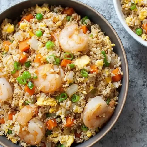 Shrimp Fried Rice Recipe: Easy shrimp fried rice in a bowl with green onions, eggs, and vegetables