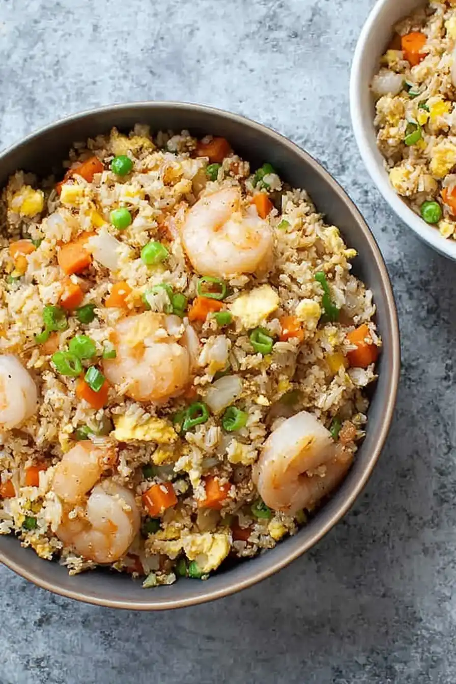 Shrimp Fried Rice Recipe: Easy shrimp fried rice in a bowl with green onions, eggs, and vegetables