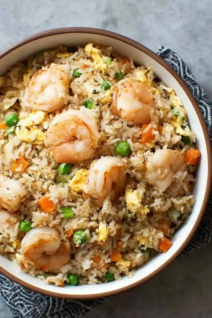 Serving bowl of shrimp fried rice with peas, carrots, and eggs