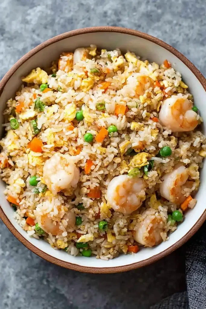 Authentic shrimp fried rice with peas, carrots, and eggs served in a bowl